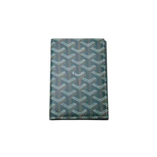 Goyard Grenelle Passport Wallet Green Leather Herringbone Pattern Logo